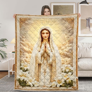 Virgin Mary Quilt Blanket, Religious Catholic Bedding Throw with Holy Mother Design, Spiritual Christian Gift for Prayer Room or Faithful