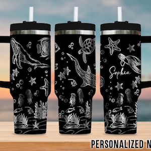 Personalized Ocean Sea Life Engraved 40oz Tumbler, Marine Animal Gift, Custom Name 40oz Travel Mug for Beach Lover