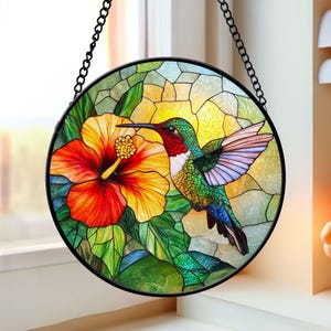 Hummingbird Faux Stained Glass Suncatcher, Hummingbird Glass Window Hanging, Bird Suncatcher Stain Glass Art Home Decor, Anniversary Gift