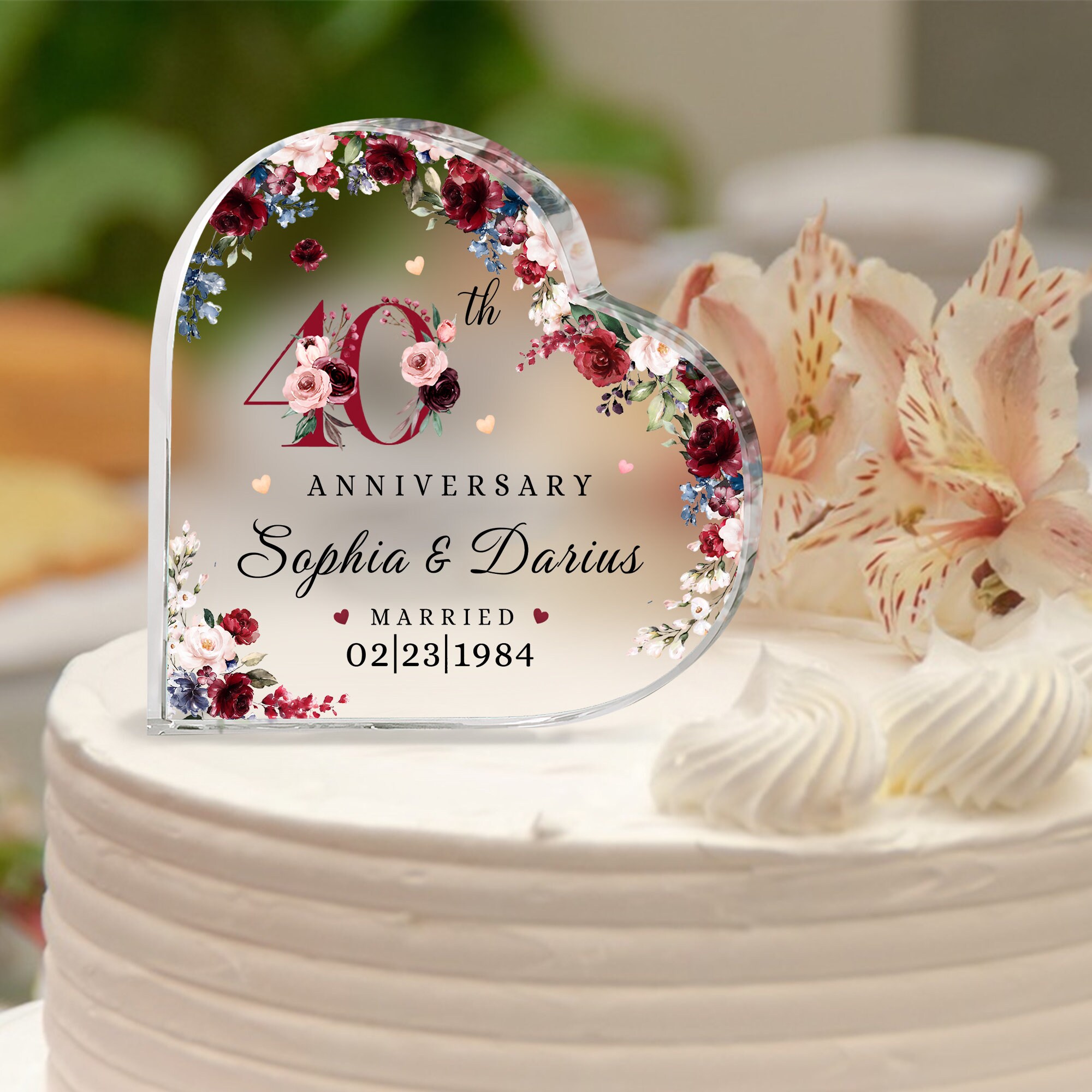 パーソナライズされた40周年結婚記念日ケーキトッパー、ルビー記念日