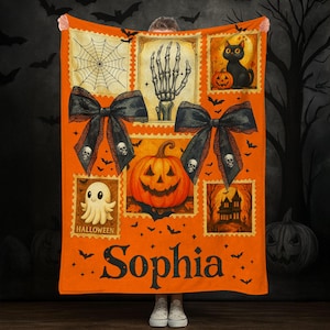 Custom Halloween Fleece Blanket, Soft Cozy Throw with Pumpkin Ghost Skeleton Cat, Spooky Fall Season Gift, Autumn Home Decor for Her