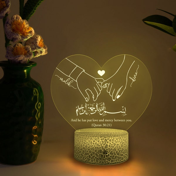 Personalized Gift For Muslim Couples 3D Led Night Light, 3D Lamp For Islamic Anniversary, Muslim Wedding Holding Hands, Valentine's Day Gift