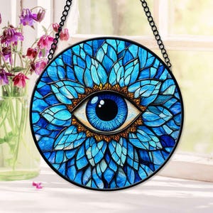 Blue Evil Eye Faux Stained Glass Hanging Ornament Suncatcher, Muslim Evil Eye Protection Gift, Judaism Hamsa Hand, Spiritual Protection Gift