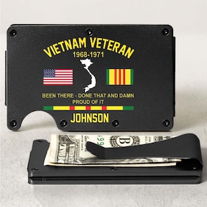 Porta-cartões de couro de metal personalizado, veterano do Vietnã com orgulho, veterano orgulhoso do país, carteira de metal para veteranos, presente militar dos EUA