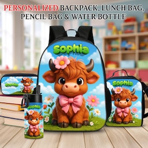 Cute Cow Backpack Set Personalized, Custom Kids School Backpack Matching Lunch Bag, Pencil Case & Water Bottle, Farm Animal Gift For Kids
