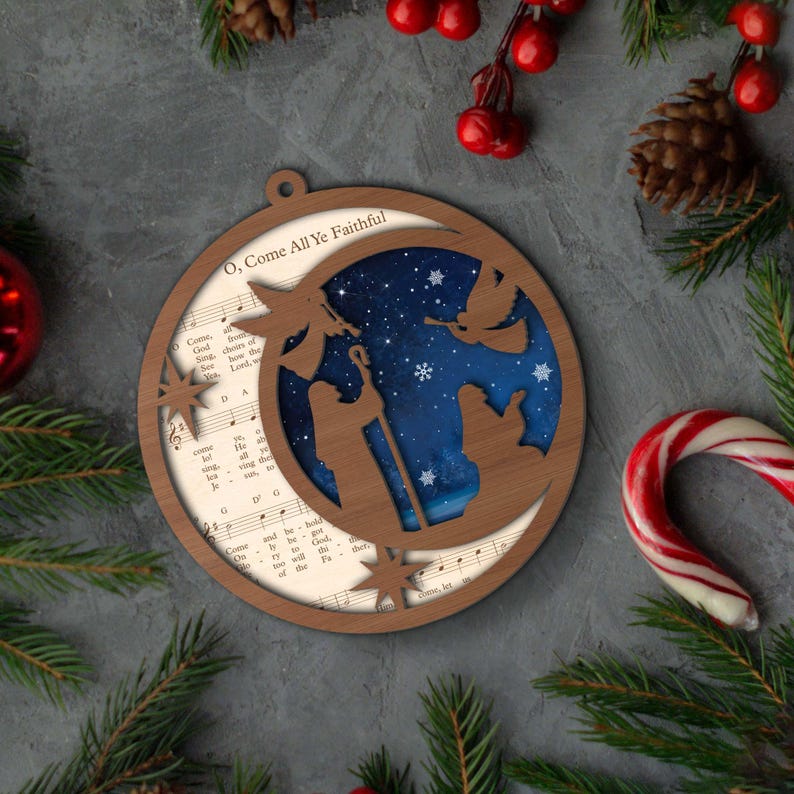 Christmas Nativity Sheet Music 2 Layer Wood Ornament, Christmas Song
