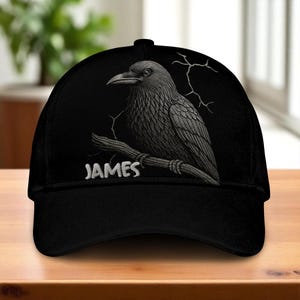 Personalized 2D Flat Halloween Raven Cap For Adult, Custom Raven Lover Gift, Personalized Black Crow Baseball Cap, Gothic Bird Gift for Men
