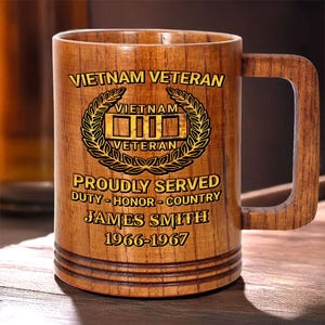 Personalized Name Vietnam Veteran Wood Mug, Military Gift, Custom Proudly Served Veteran Wooden Mug, Veterans Day Gift For Dad, Grandpa