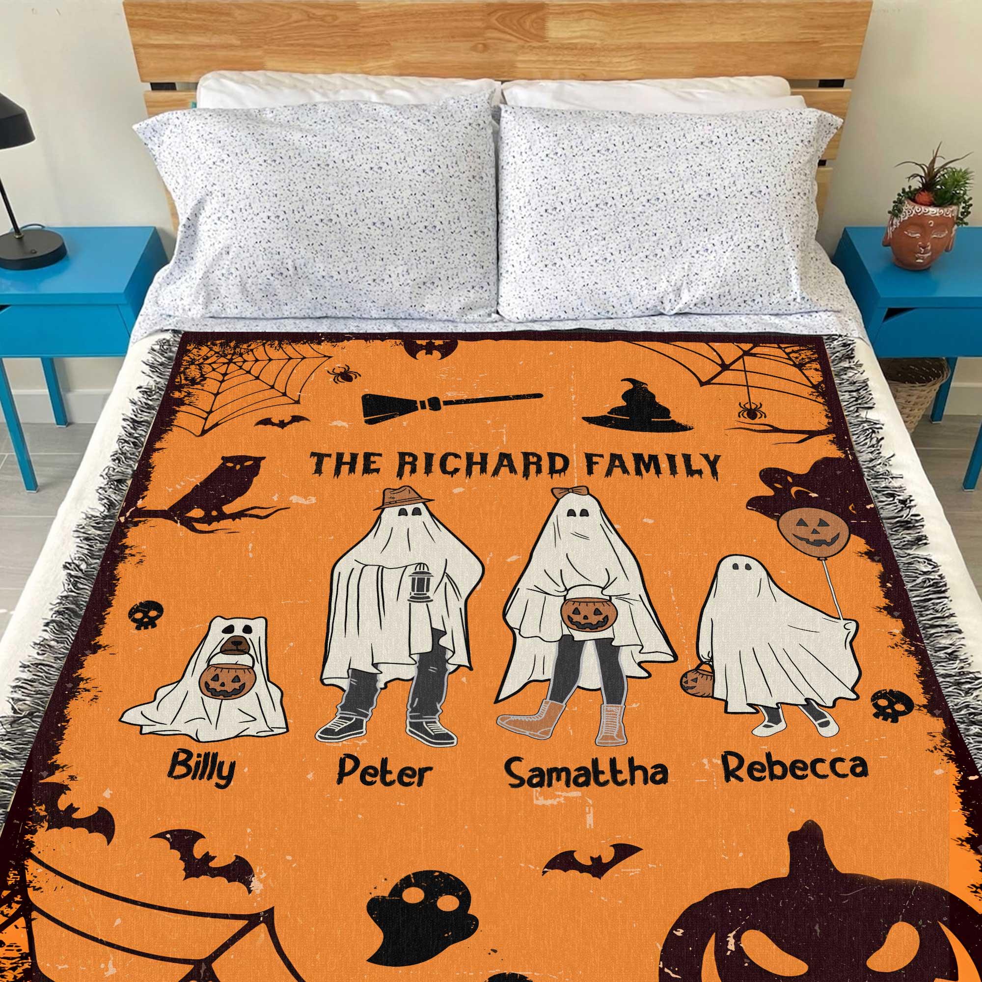 Customized Ghost Family Pumpkin Woven Blanket, Personalized Halloween Family Portrait With Pets Throw Blanket, Fall Ghost Family Decoration