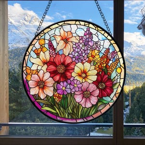 Wildflowers Faux Stained Glass, Flower Suncatcher, Window Hangings, Flowers Suncatcher Gift, Window Hangings, Birthday Gift For Mom
