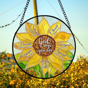 Sunflower Bible Verse Faux Stained Glass, Christmas Gift, Religious Ornaments, Faith Christian, God Says You Are Unique Special Suncatcher