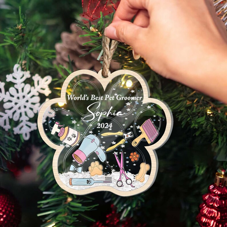 Personalized Pet Groomer 3 Layered Shaker Ornament, Dog and Cat Washer