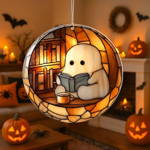 Cozy Halloween Ghost Faux Stained Glass Acrylic Window Hanger, Cute Ghost Reading Book Acrylic Suncatcher, Spooky Autumn Book Lovers Decor