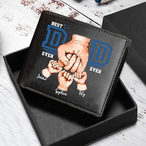 Personalisierte Faust Bump Papa Kinder Haustier Leder Brieftasche, Vatertagsgeschenk, Geschenk für Papa, Leder Brieftasche Geschenk für Papa, Brieftasche für Männer