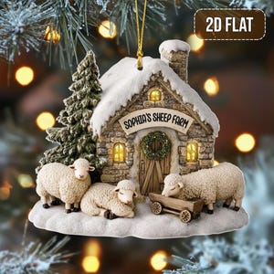 Custom 2D Flat Sheep Farm Acrylic Ornament, Custom Sheep Barn Christmas Ornament, Rustic Farmhouse Holiday Decor, Animal Lover Gift