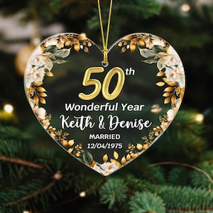 Golden 50th Anniversary Ornament, Custom Heart Acrylic Keepsake for Couple, Married Since 1975 Gift, Personalized Wedding Gift for Parents
