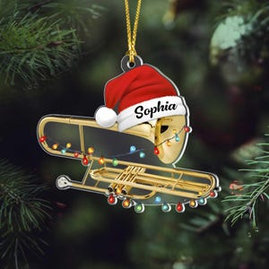 Personalized Trombone Christmas Ornament with Santa Hat, 2D Flat Acrylic Music Ornament for Band Student, Musician Holiday Gift