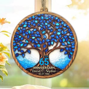 Personalized 65th Wedding Anniversary Window Hanging Ornament, 65th Wedding Anniversary Suncatcher, Blue Sapphire Wedding Anniversary Gift