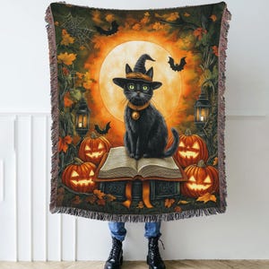 Halloween Woven Blanket, Black Cat Witch Throw Blanket, Pumpkin Jack-o-Lantern Tapestry, Fall Decor for Couch or Bed, Halloween Decor