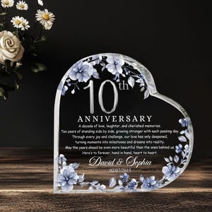 Gepersonaliseerde 10e huwelijksverjaardag hart acrylplaat, blikken jubileumcadeaus, jubileumcadeaus voor ouders, echtgenoot, vrouw