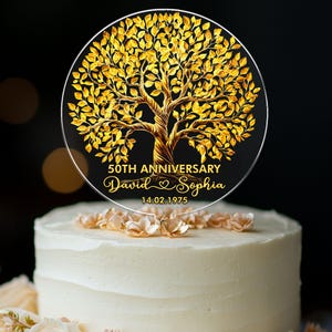 Personalisierter 50. Hochzeitsjubiläums-Kuchendeckel, Goldener Jahrestag Acryl-Kuchendeckel, 50. Hochzeitsjubiläums-Baum des Lebens-Kuchendekors
