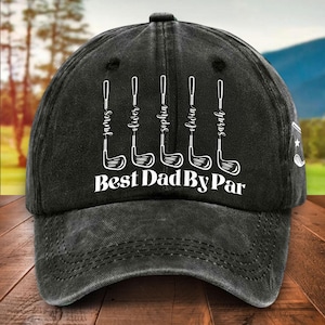 Personalized Best Dad/ Grandpa By Par Denim Hat, Custom Names Kids Distressed Washed Printed Hat For Dad, Father&#39;s Day Gift, Golf Lover Cap