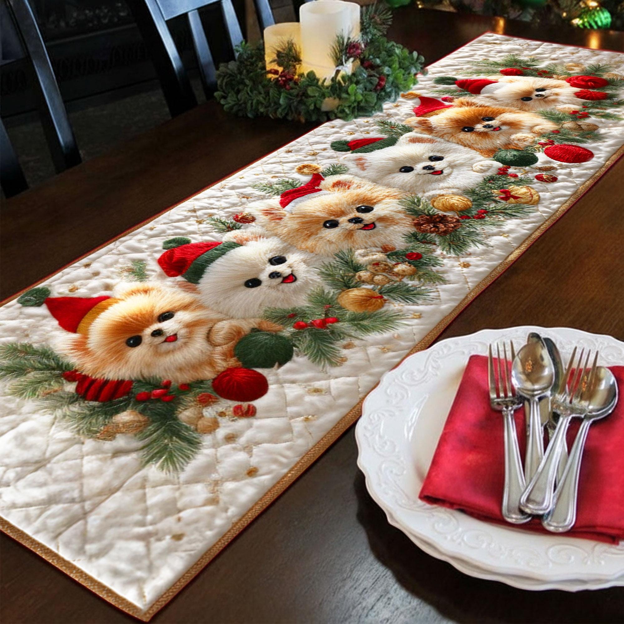 Merry Christmas Table Runner - Golden Retriever Dog & Snowflake Design, 13x72 Inch, Polyester, Holiday Dining Table Decor