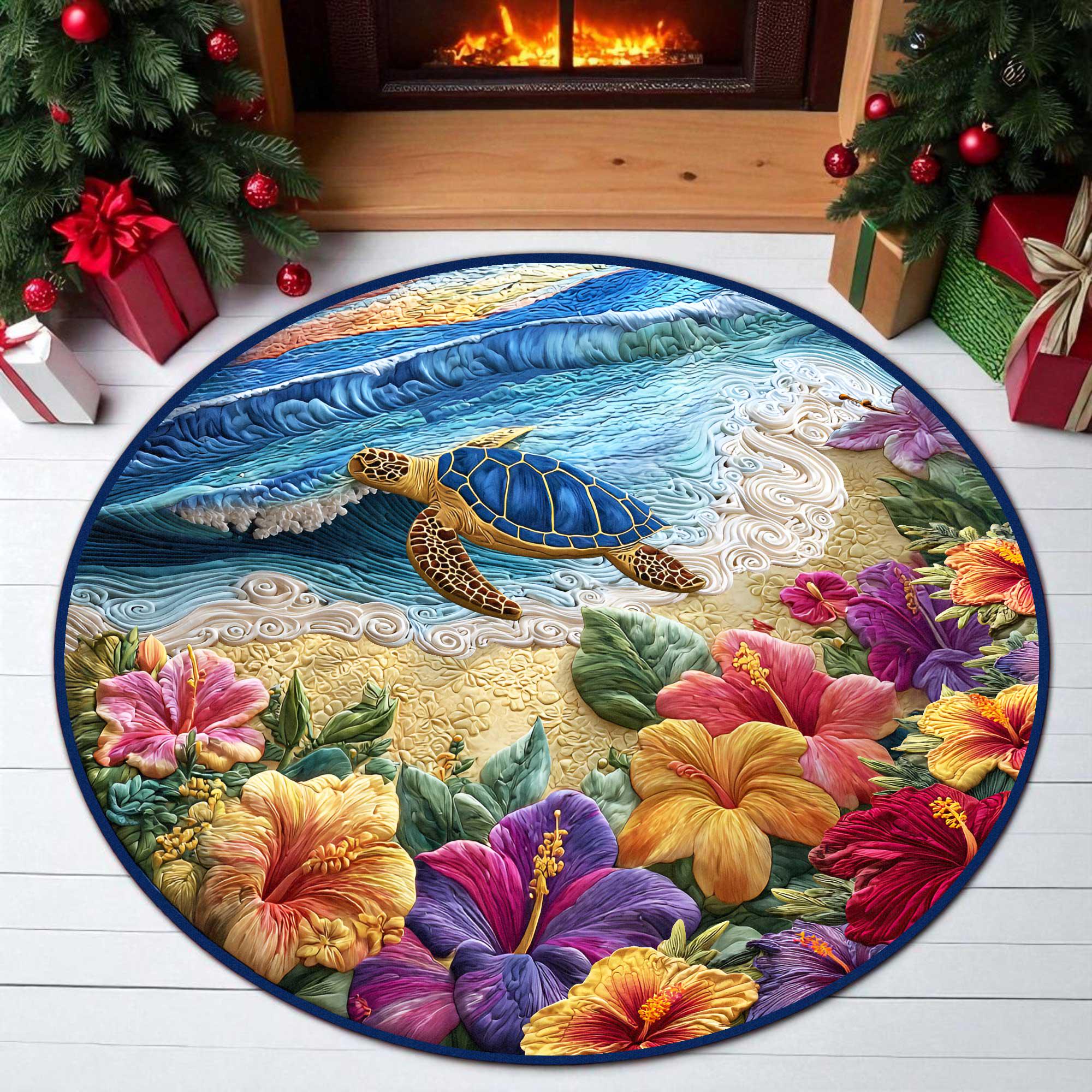 Circle Turtle Rug Sea Turtle 3D Round Rug, Tropical Beach Floor Mat With Ocean Waves and ...