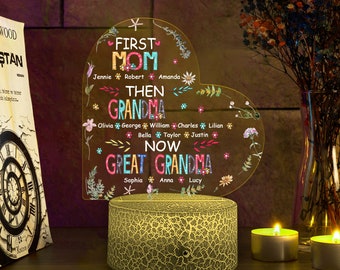 Première maman personnalisée puis grand-mère maintenant arrière-grand-mère, lampe 3D fleur personnalisée pour le mois de naissance, cadeau pour la fête des mères, veilleuse d'arrière-grand-mère