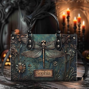 Custom Dragonfly Floral Handbag, Boho Dragonfly Bag, Gift For Nature Lover, Cottagecore Bag, Dragonfly Lover Gift For Her, Witchy Dragonfly