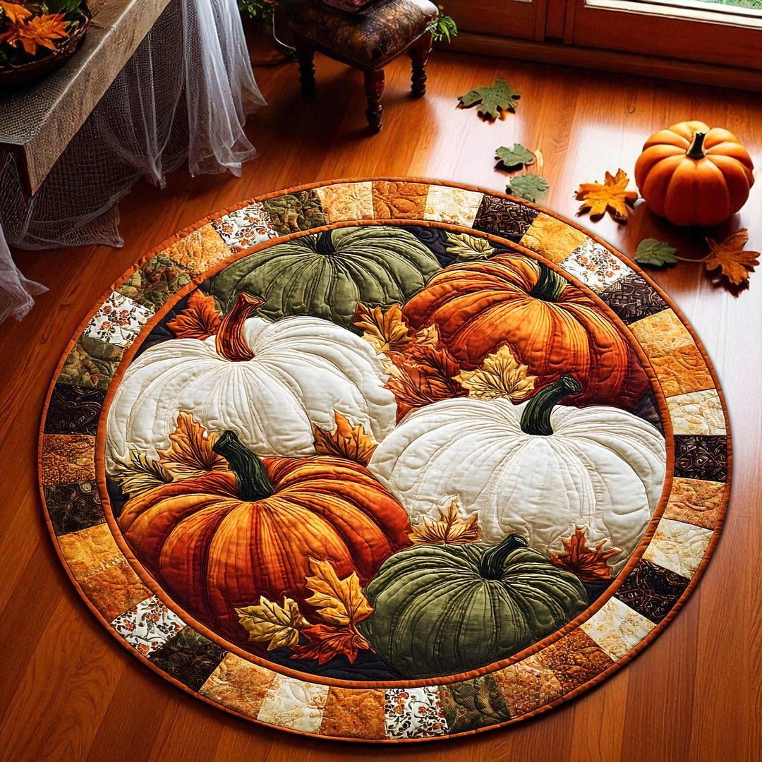 Round Autumn Rug Fall Pumpkin Round Rug, Autumn Harvest Carpet With White Orange Green ...