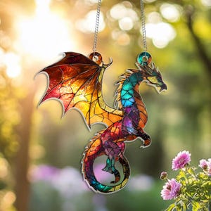 2D Flat Faux Glass Dragon Acrylic Suncatcher, Colorful Glass Window Hanging, Fantasy Home Decor, Gift for Dragon Lovers, Gothic Art Gift