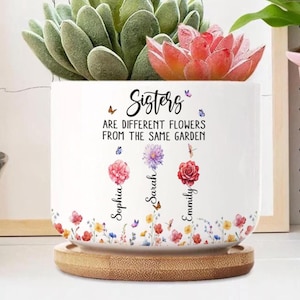 Vaso de cerâmica personalizado para irmãs, presente com nome personalizado para irmãs, presente de flor para o mês de nascimento, presente para irmãs de alma, presente de vaso de flores para irmãs