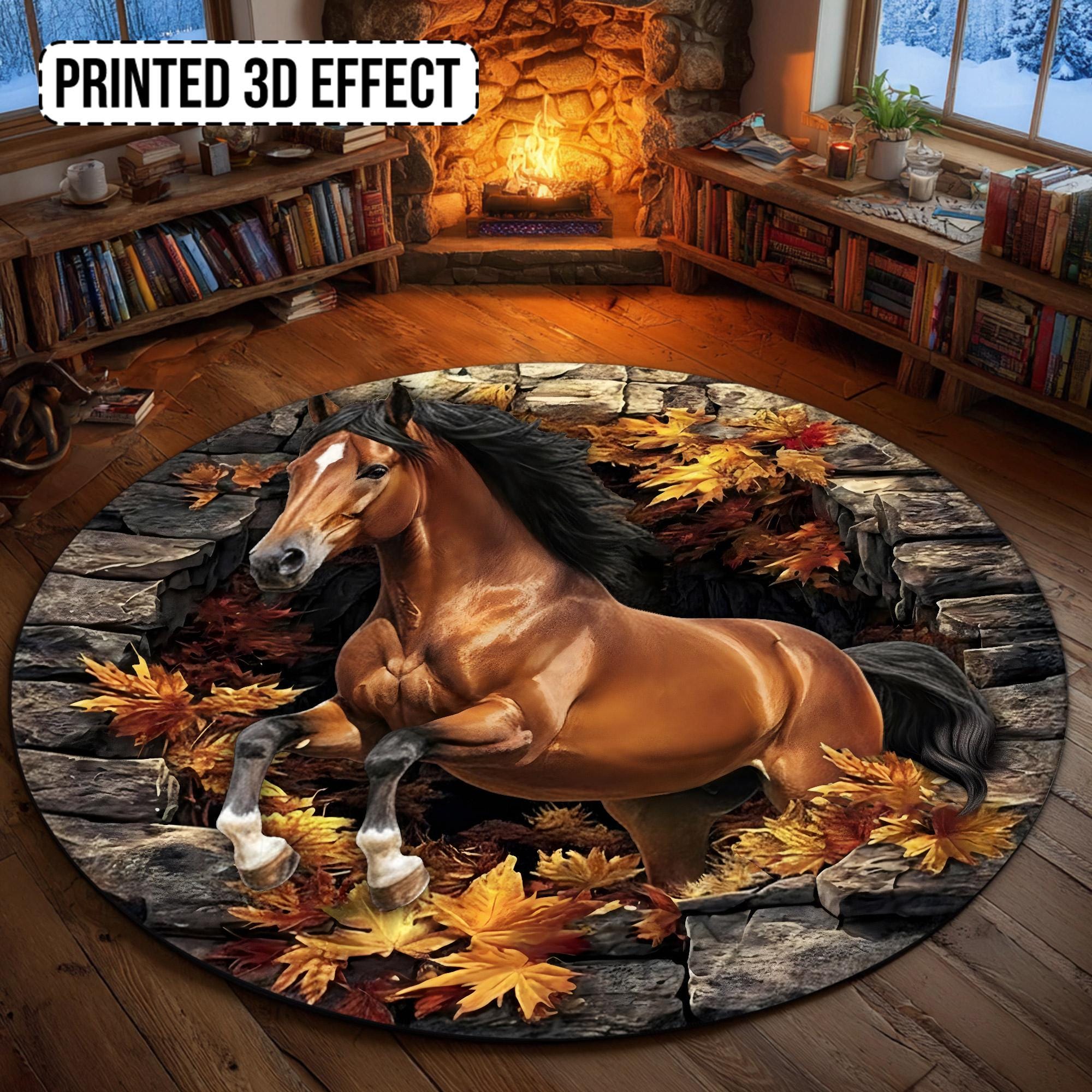 Horse 3D Printed Rug, 3D Effect Print Horse Round Rug, Animal Lover Rug ...