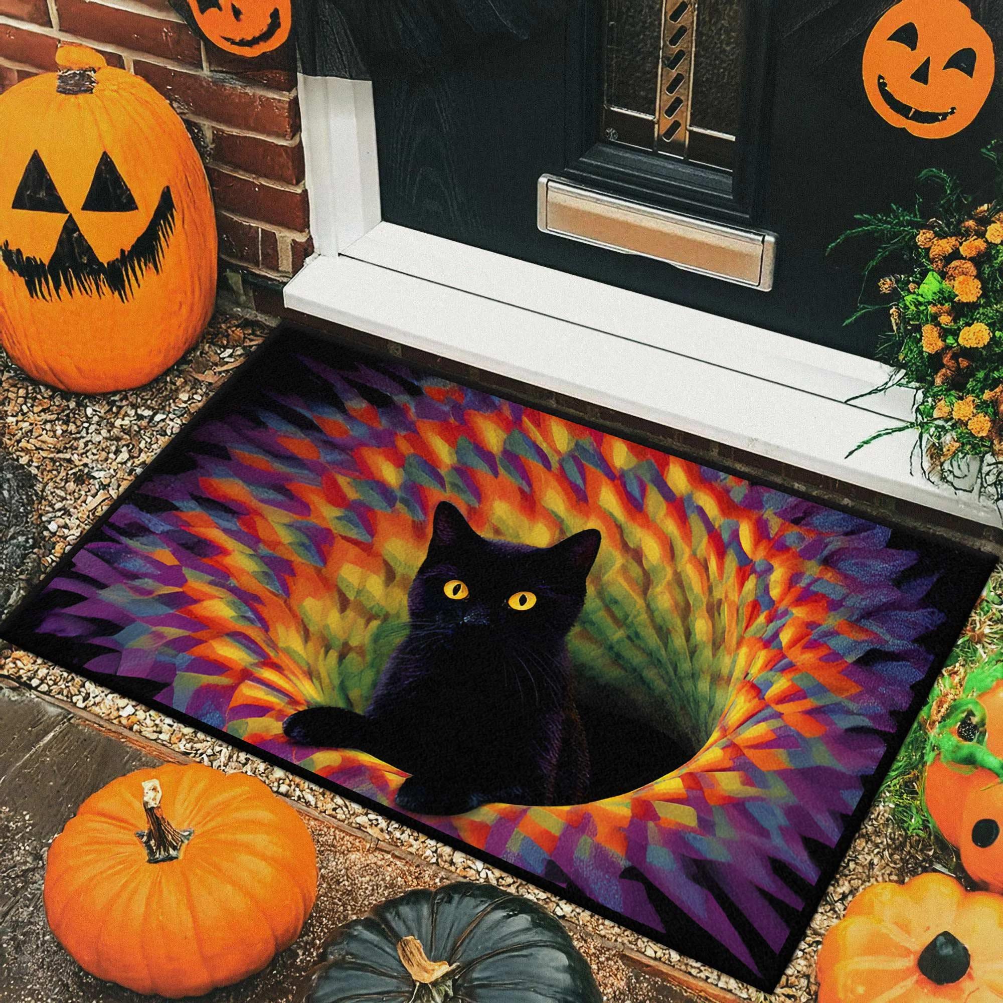 Black Cat Doormat 3D Optical Illusion Rug, Halloween Cat Welcome