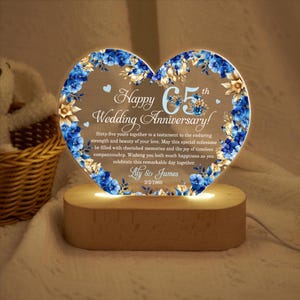 Custom 65th Anniversary Lamp Wooden Base, Blue Sapphire Wedding Gift, 65 Year Anniversary Gifts For Parents, 65th Wedding Anniversary Gifts