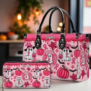 Custom Breast Cancer Awareness Handbag and Wallet, Pumpkin Ghost Cancer Halloween Bag, Support Gift for Women Breast Cancer Awareness Wallet