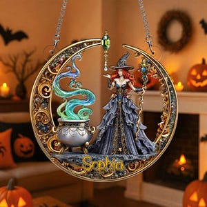 Personalized Witch And Moon Acrylic Window Hangings, Witch Halloween Gothic Decor, Scary Decor, Spooky Home Decor, Witch Halloween Gift