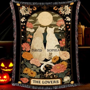 Custom Name The Lovers Woven Blanket, The Cat Tarot Woven Throw Blanket, Tarot Lover Blanket, Black Cat Themed Decor, Halloween Cat Lovers