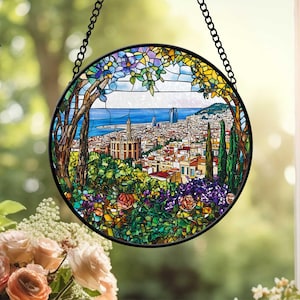 Barcelona Suncatcher, Barcelona Faux Stained Glass, Unique Europe Souvenir, Vacation Travel Gift, Barcelona Gifts, Barcelona Keepsake