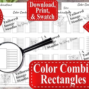 Puede incluir: Gráfico de combinación de colores imprimible con rectángulos para muestras de colores. El gráfico se titula "Combinación de colores: Rectángulos Set 2" y está diseñado por "Tailored Image Studio by Stacy Bledsoe".