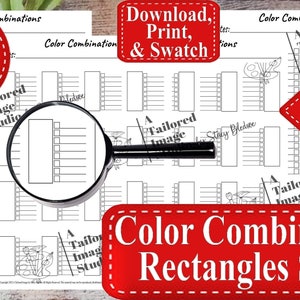 Puede incluir: Un gráfico de combinación de colores imprimible con 2 páginas, cada una con 12 filas de rectángulos. El gráfico se titula "Combinación de colores Rectángulos Set 1" y está diseñado para usuarios zurdos y diestros.