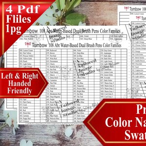 Tombow 108 Abt Waterbased Dual Brush Pens Color Families Swatch Chart (PDF Download)