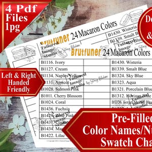 Peut inclure: Un nuancier imprimable avec 24 couleurs macaron, comprenant les noms et les numéros. Le nuancier est intitulé "Brutrunner 24 Macaron Colors" et comprend le texte "Download, Print, & Swatch". Le nuancier est adapté aux droitiers et aux gauchers.