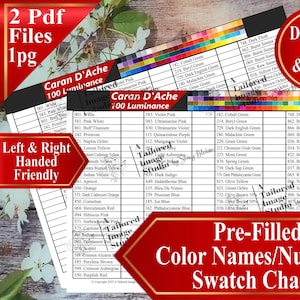 Puede incluir: Una tabla de colores digital para lápices Caran D'Ache 100 Luminance, con una cuadrícula que incluye nombres y números de color prellenados. El documento contiene dos páginas PDF, es apto para zurdos y diestros, y está listo para imprimir.
