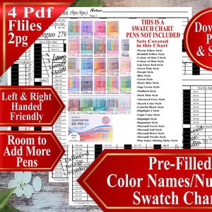 May include: A printable PDF swatch chart with pre-filled color names and numbers. The chart includes space for swatching gel pens, with a variety of color styles. The design is left and right-hand friendly, with room to add more pens. The chart is available for download, print, and swatch.