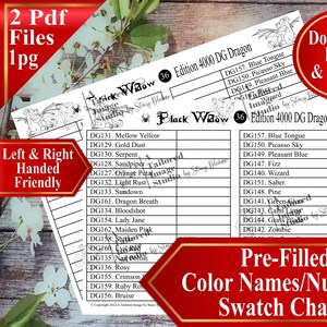 May include: A white paper colour swatch chart titled Black Widow Edition 4000 DG Dragon, featuring a grid layout with pre-filled colour names and numbers like Mellow Yellow, Gold Dust, and Blue Tongue, alongside small black and white dragon illustrations.