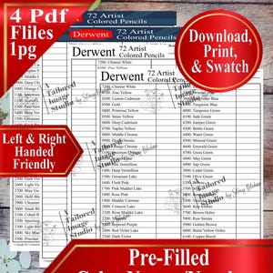 Puede incluir: Una tabla de colores imprimible para los lápices de colores Derwent 72 Artist. La tabla incluye nombres y números de colores, con opciones para usuarios zurdos y diestros. Incluye una opción de descarga, impresión y muestra.