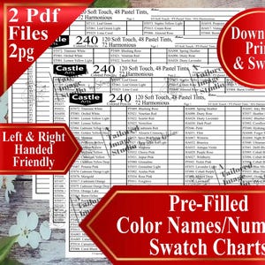 May include: A printable PDF with pre-filled color names and numbers for 240 colored pencils, including 120 soft touch pastels. The image includes a swatch chart, with the text "Download, Print, & Swatch".