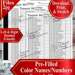 May include: A printable PDF with color names and numbers for 80 glitter gel pens. The chart includes a swatch area for each color, with labels like "Download, Print, & Swatch" and "Pre-Filled Color Names/Numbers Swatch Charts."